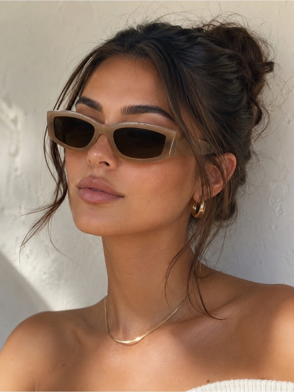 LT DIFF Taupe Translucent Rectangle Cat Eye Sunglasses Brown Gradient Lens